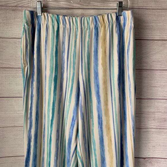 Susan Graver Blue Beige Striped Crop Wide Leg Pants or Capris Pockets Size M - Picture 2 of 12